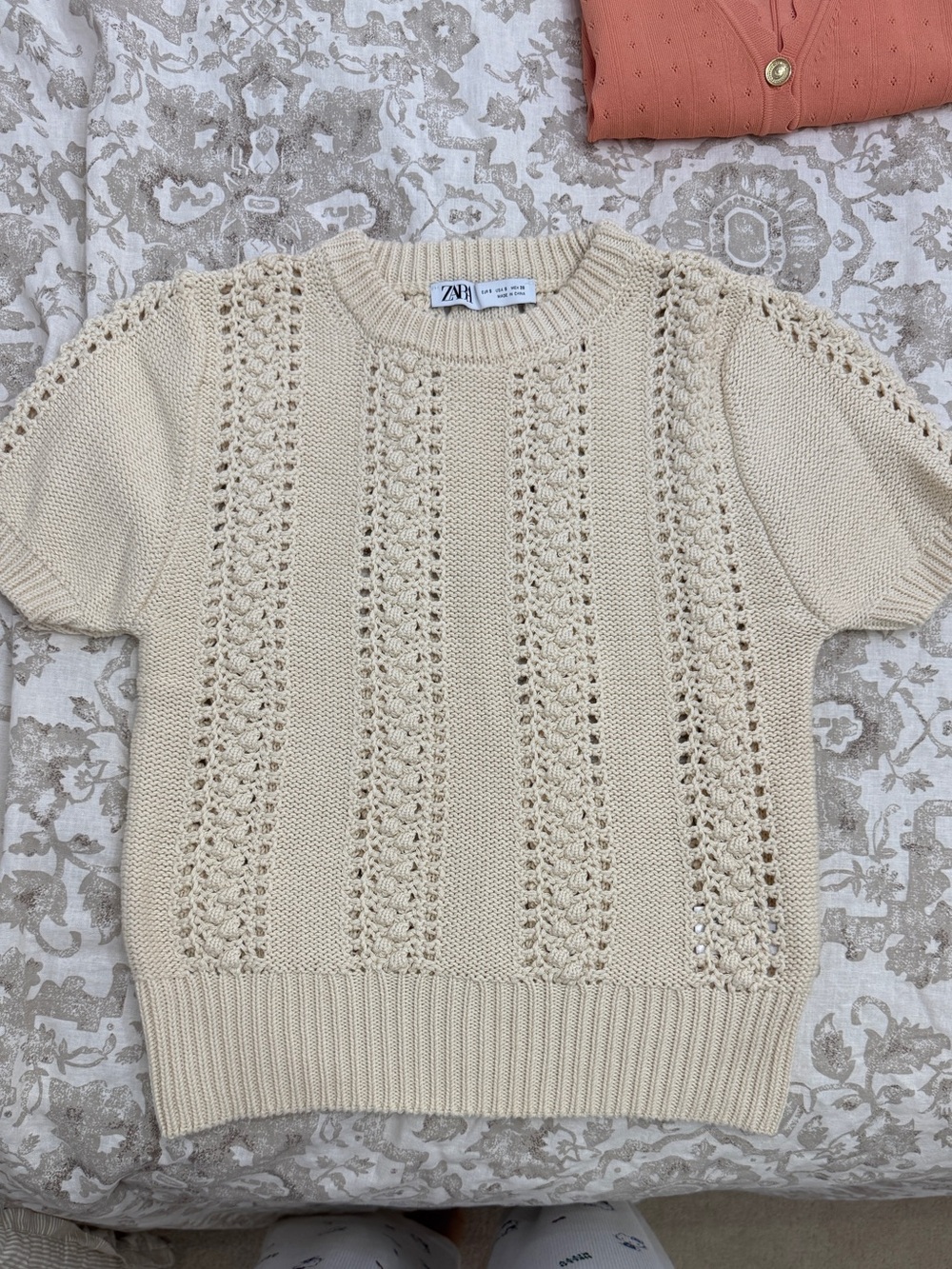 ZARA Cream Pointelle Short-Sleeve Crewneck Sweater